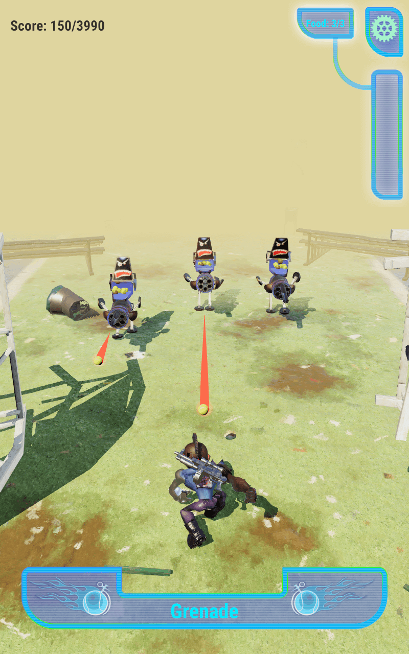 Screenshot: tennis ball shooting robots in a ruined tennis court