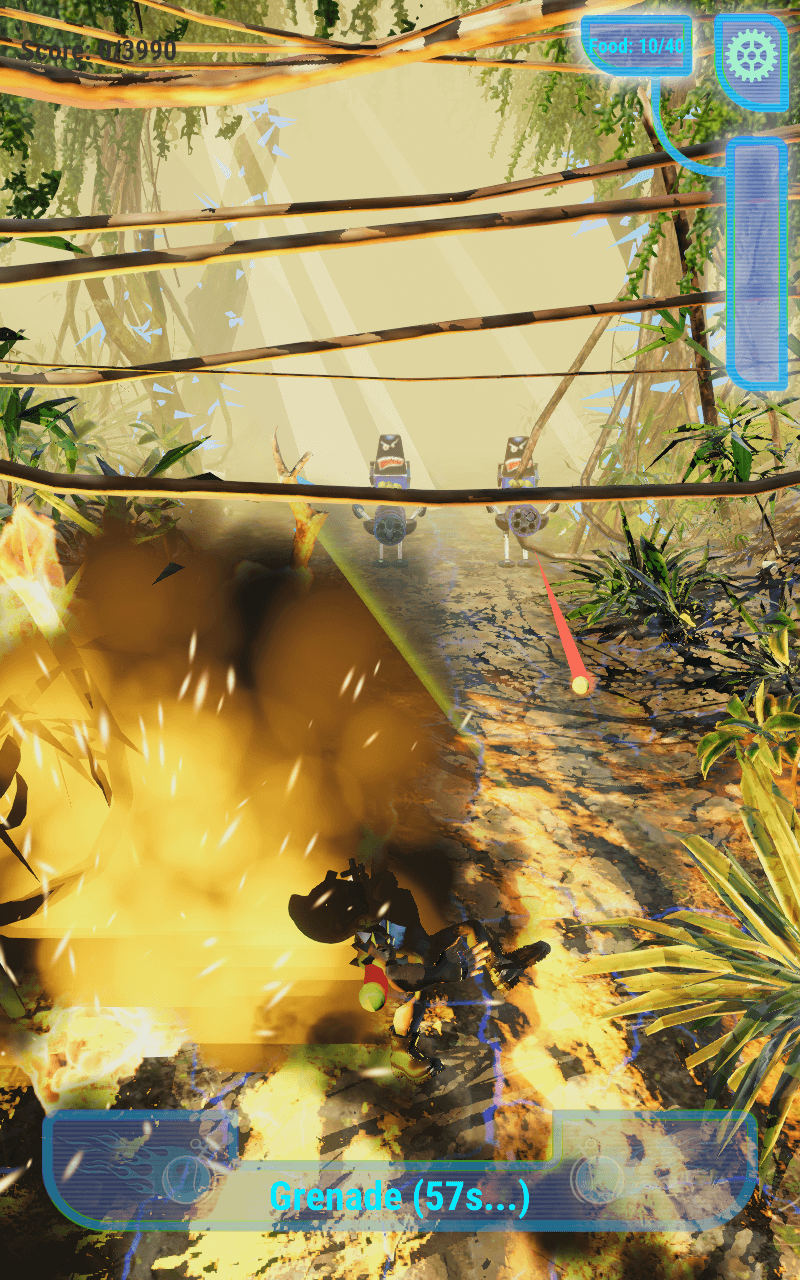 Screenshot: the player taking damage from an explosion in a mutated jungle