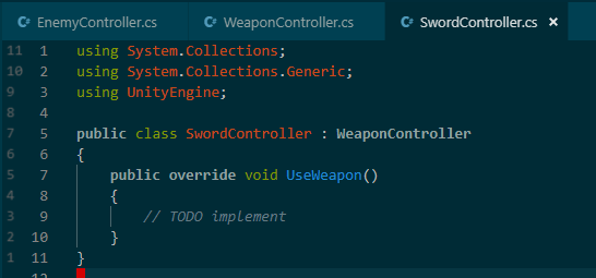 A concrete subclass of WeaponController named SwordController